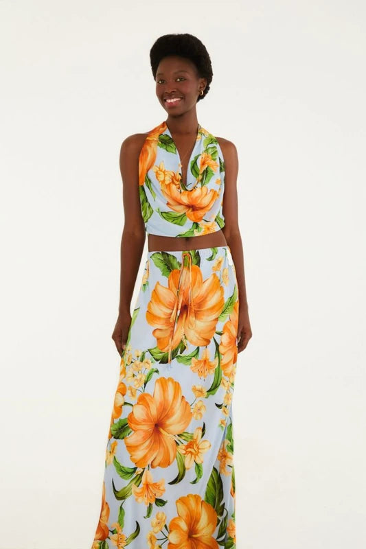 Saia Estampada Floral Anis