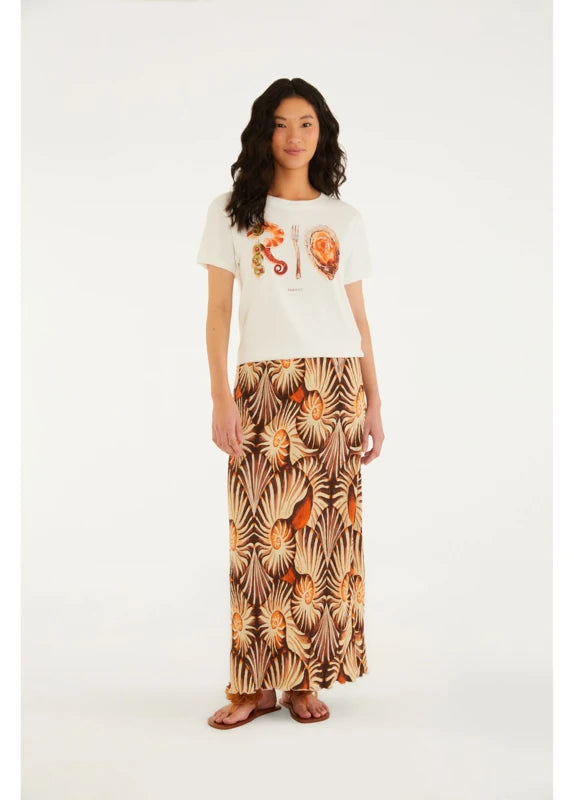 Saia Midi Plissada Estampada Mar De Concha