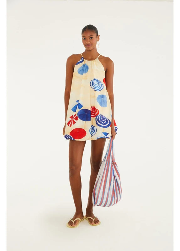 Vestido Curto Balonê Estampado Guarda Sol