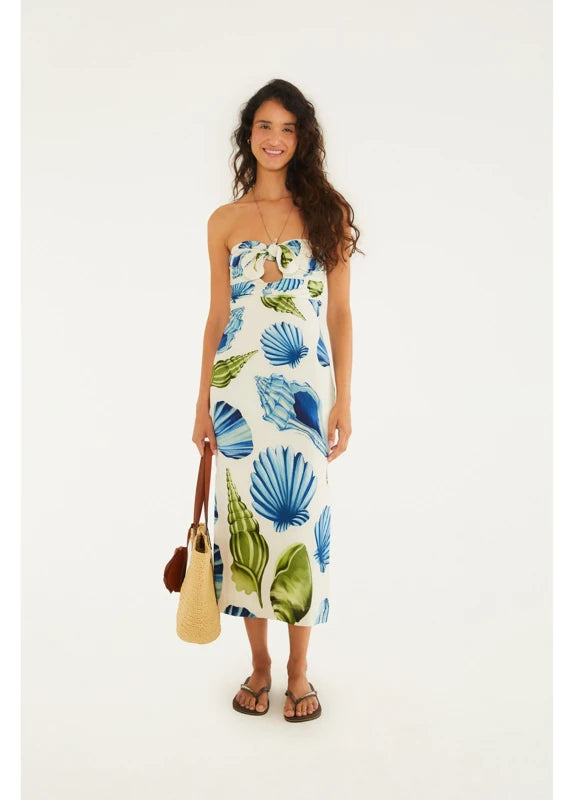 Vestido Midi Sem Alça Estampado Concha Litoral
