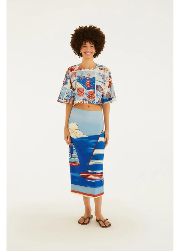 Saia Midi Estampada Diário De Verão