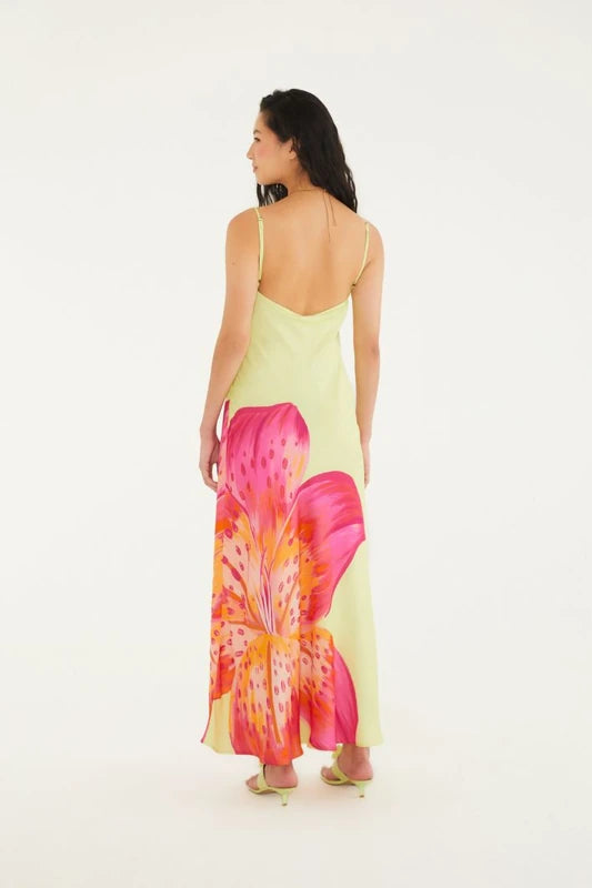 Vestido Enviesado Estampado Lírio Tropical